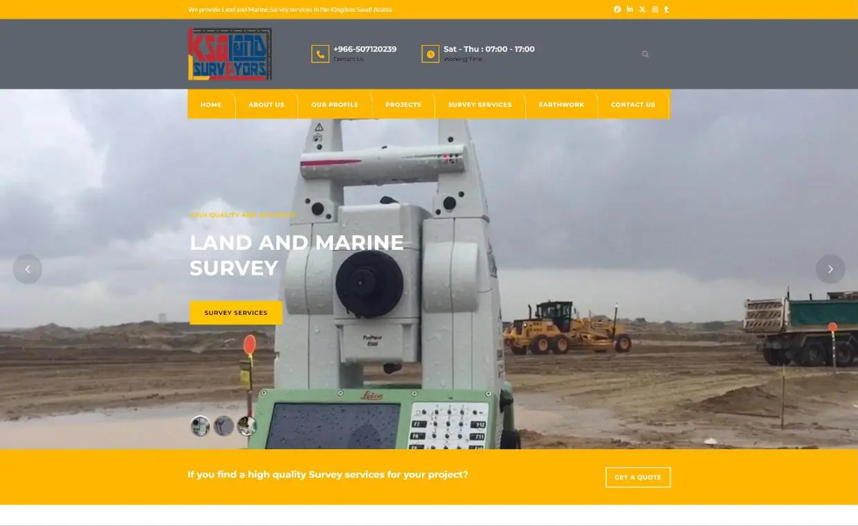لقطة شاشة من موقع KSA Land Surveyors — الصفحة الرئيسية