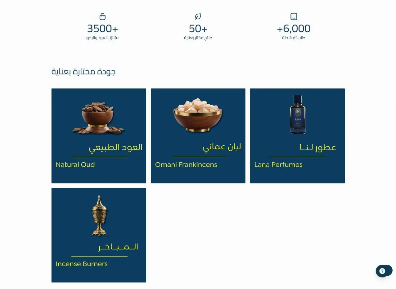 لقطة شاشة من موقع لنا للعود والبخور — الصفحة الرئيسية